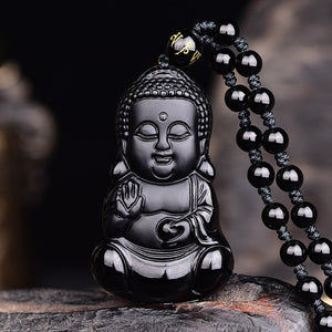 Natural Black Obsidian Carved Baby Buddha Pendant With Amulet Lucky Beads Chain-BOLD InStyle