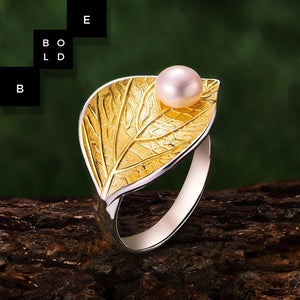 925 Sterling Silver Natural Pearl Handmade Leaf Ring for Women-BOLD InStyle