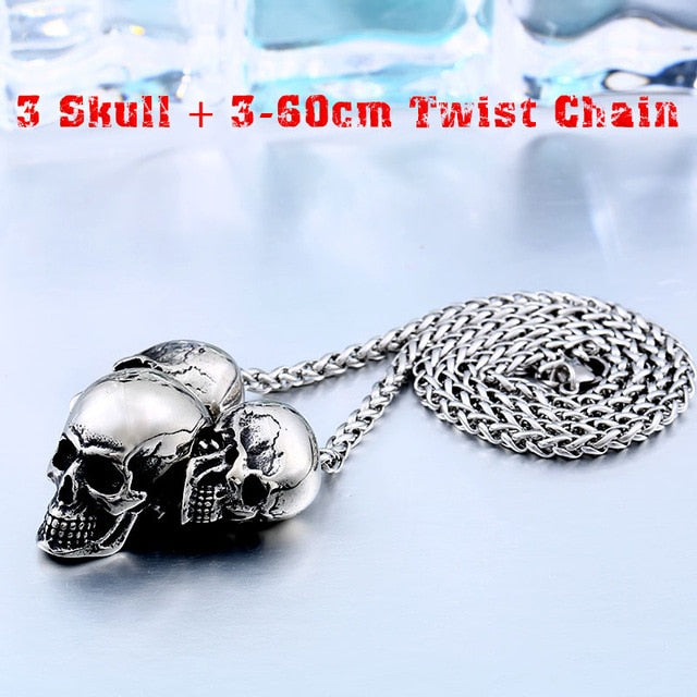 Triple Skull Biker Pendant Necklace-BOLD InStyle