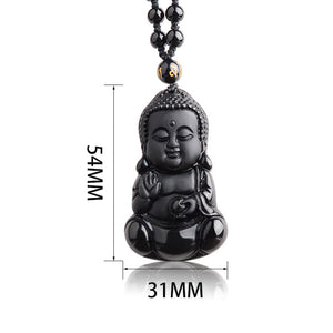 Natural Black Obsidian Carved Baby Buddha Pendant With Amulet Lucky Beads Chain-BOLD InStyle