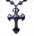 Natural Black Obsidian Carved Cross beads necklace-BOLD InStyle
