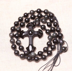 Natural Black Obsidian Carved Cross beads necklace-BOLD InStyle