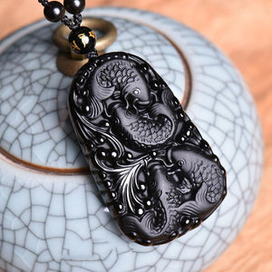 Natural Black Obsidian 3D Carved Four Fish Pendant Lucky Amulet Necklace-BOLD InStyle