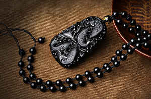 Natural Black Obsidian 3D Carved Four Fish Pendant Lucky Amulet Necklace-BOLD InStyle