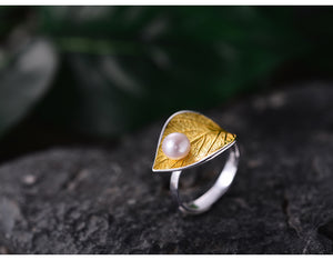 925 Sterling Silver Natural Pearl Handmade Leaf Ring for Women-BOLD InStyle